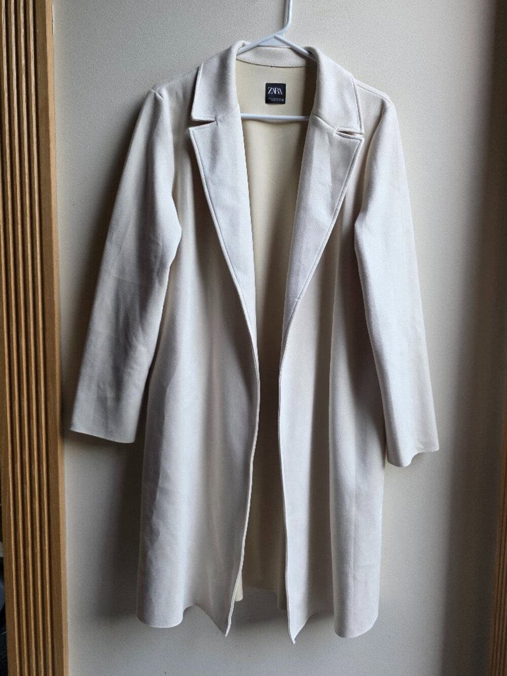 Zara Cream Textured Lapel Collar Long Coat Size Large